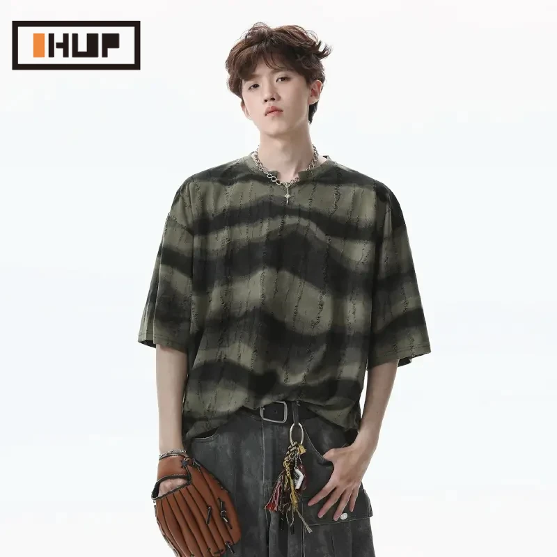 OHUP男女短袖重磅条纹破洞短袖T恤2025夏季新款潮牌设计感半袖t恤