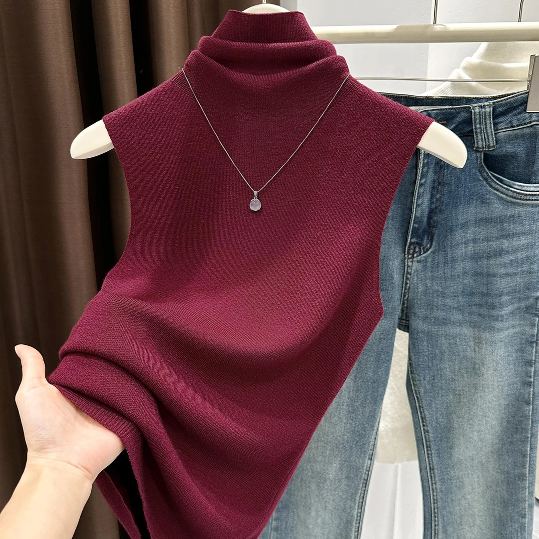 软糯亲肤堆堆领红色套头打底衫女秋冬新款无袖假领子洋气背心上衣