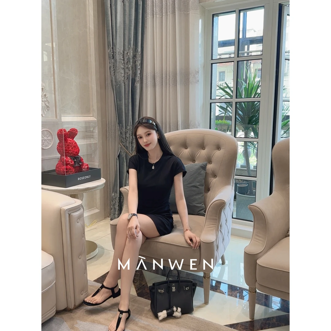 【曼文kiki】“腰线陷阱”圆领收腰修身短袖连衣裙 25S370