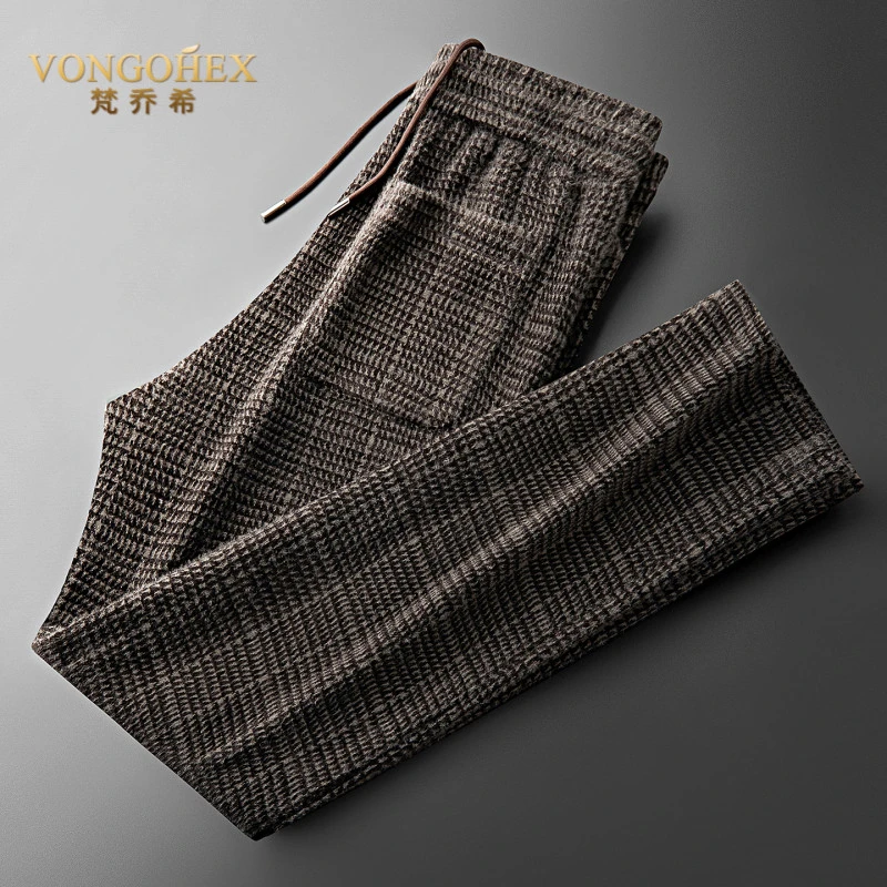 VONGOHEX加厚保暖休闲裤子男士秋冬时尚千鸟格纹提花直筒卫裤长裤
