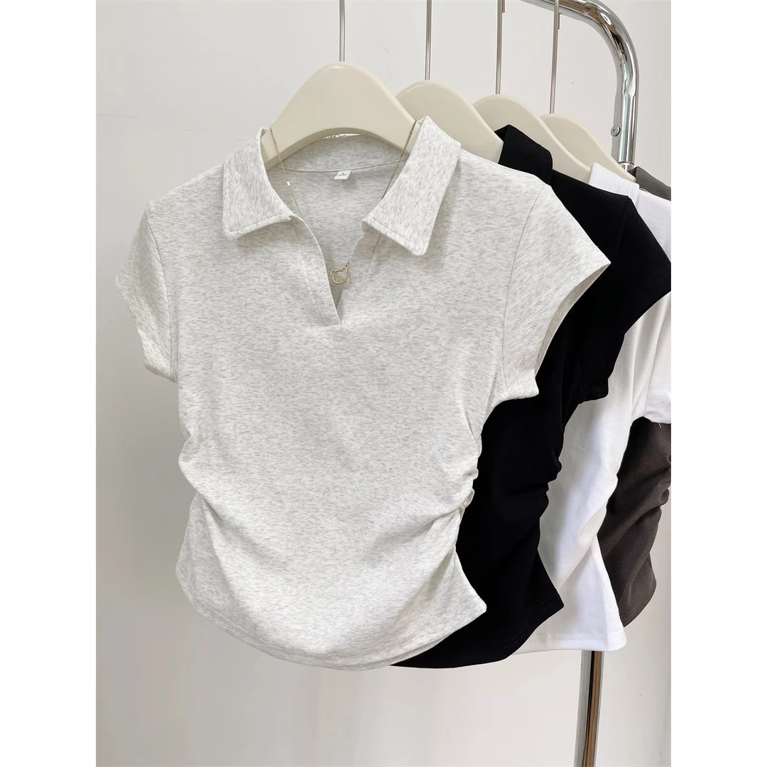 polo衫领正肩短袖t恤女装夏季2025新款褶皱收腰修身短款体恤上衣