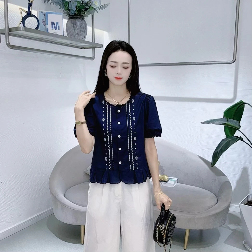 A8592夏季新款韩版时尚百搭圆领短袖衬衫女宽松显瘦上衣