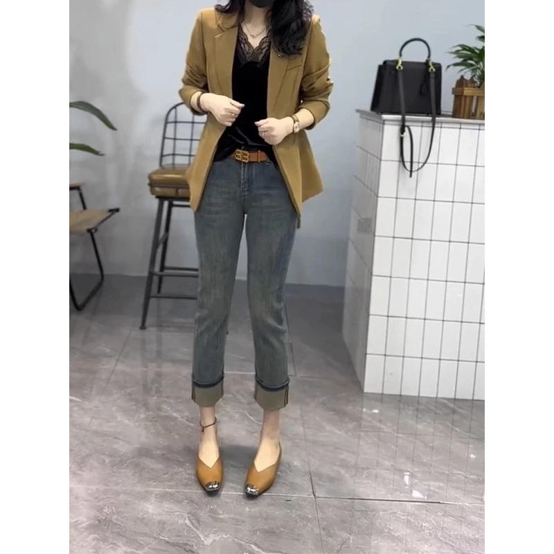 梨形身材高腰弹力直筒牛仔裤女年春季新款宽松显瘦卷边烟管裤