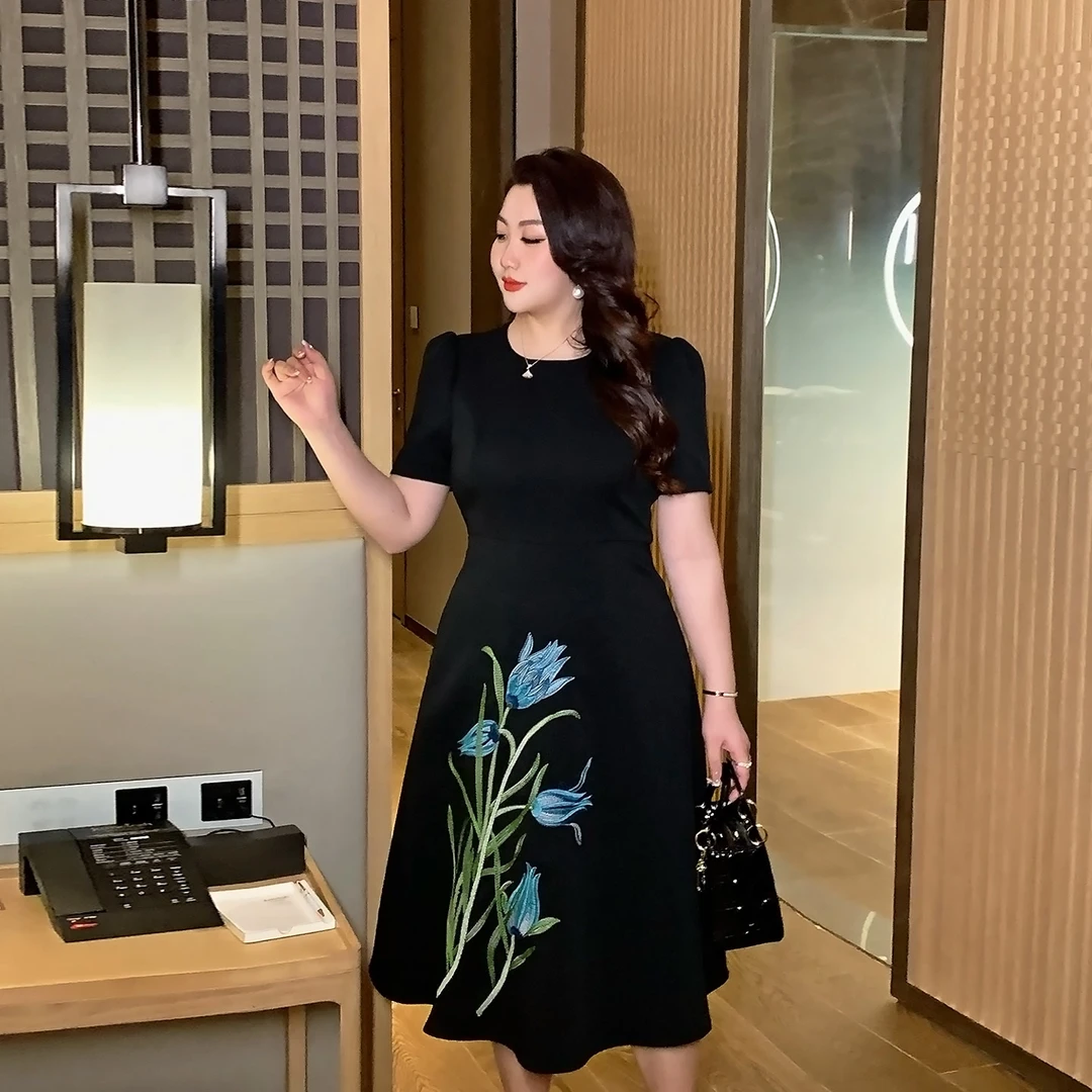 GLEC大码女装2024夏季新款气质名媛赫本印花胖mm圆领连衣裙G713A