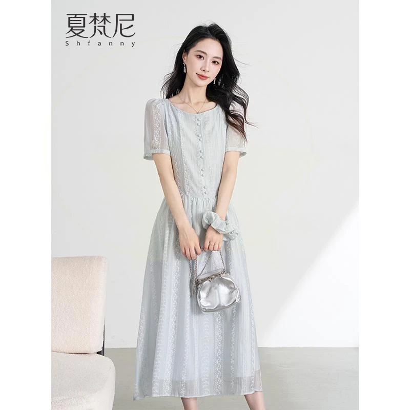 洋气夏梵尼轻风叙记2025夏季新款巨好看泡泡袖蓝色长裙收腰显瘦连