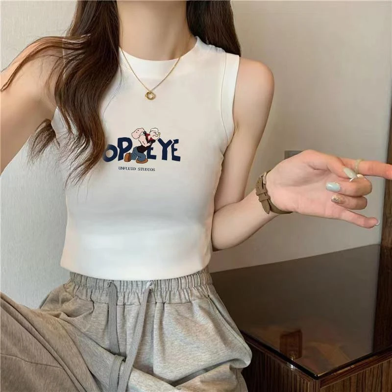 半高领夏季新款背心吊带印花时尚休闲百搭无袖打底女背心外穿宽肩