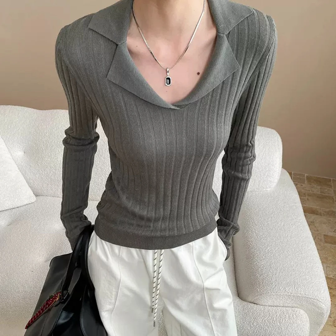 【小翻领羊毛混纺衫】法式气质长袖针织衫