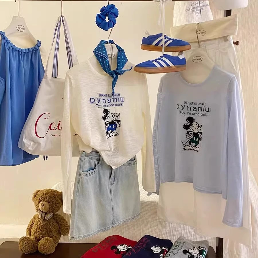 米奇卡通图案薄款防晒冰丝针织衫女春夏慵懒宽松休闲空调罩衫上衣