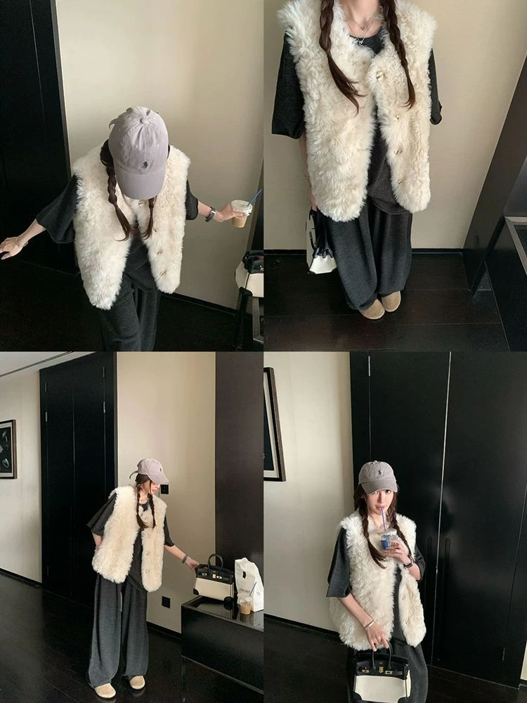 “欧尼马甲”托斯卡纳皮毛一体马甲女短款秋冬厚款百搭毛毛坎肩外套