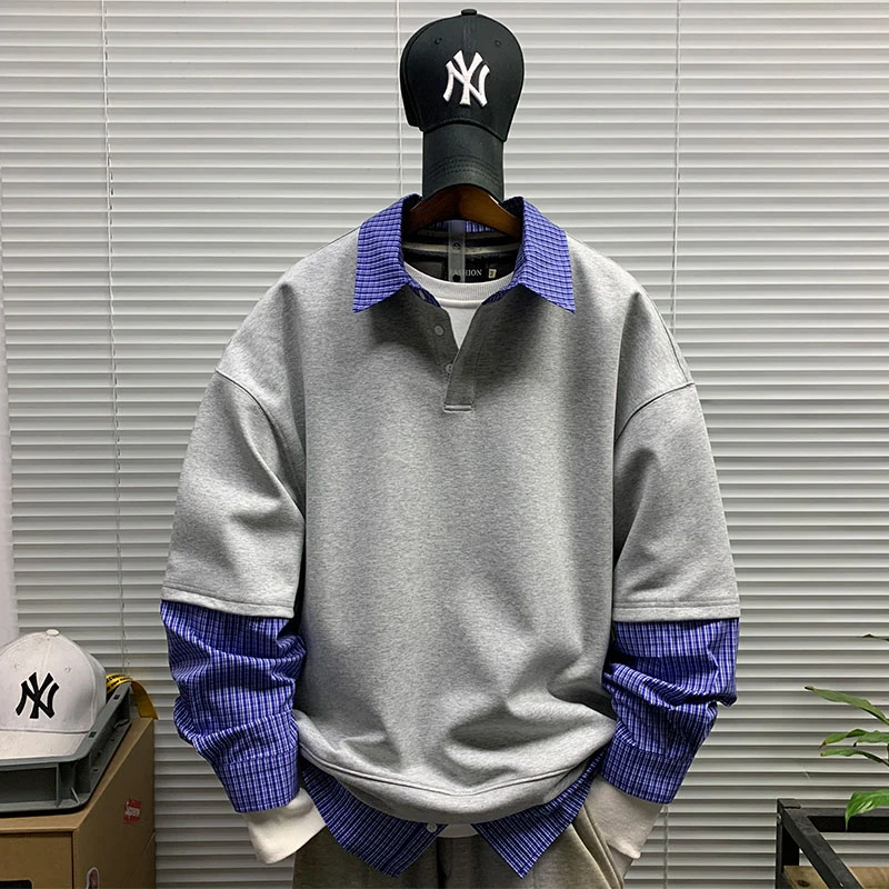 美式学院风潮牌套头假两件衬衫卫衣春季新款休闲宽松简约百搭上衣