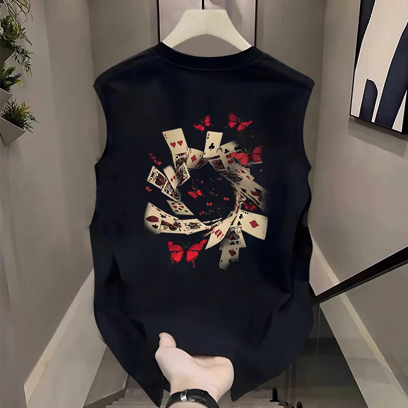 亲肤纯棉背心男款男士夏季外穿潮流蝴蝶扑克牌印花坎肩无袖t恤男