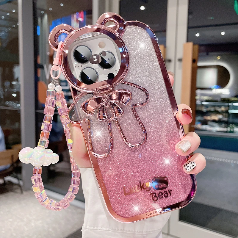 适用苹果15ProMax壳闪粉渐变透明可爱iPhone16promax手机壳13手链