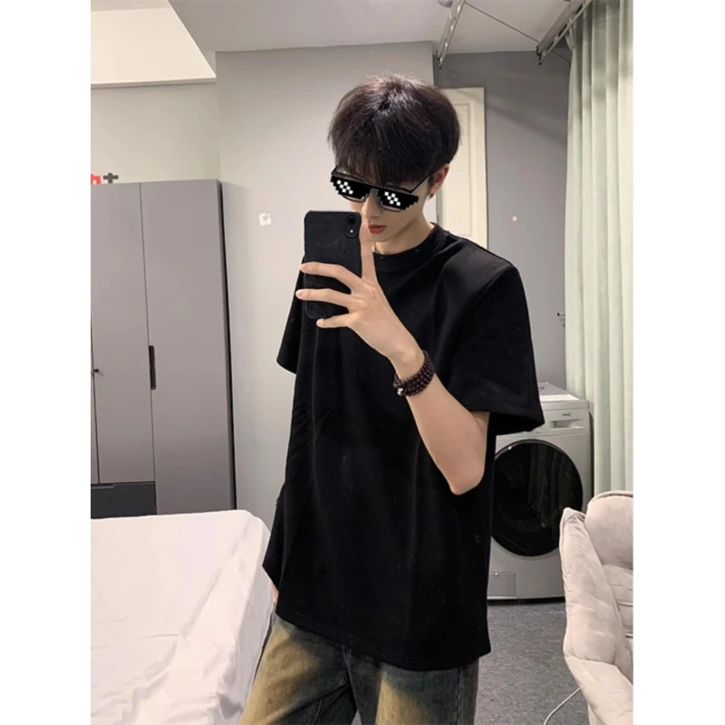 小领口纯色短袖男夏季cleanfit黑色恤潮牌重磅美式纯棉打底衫男