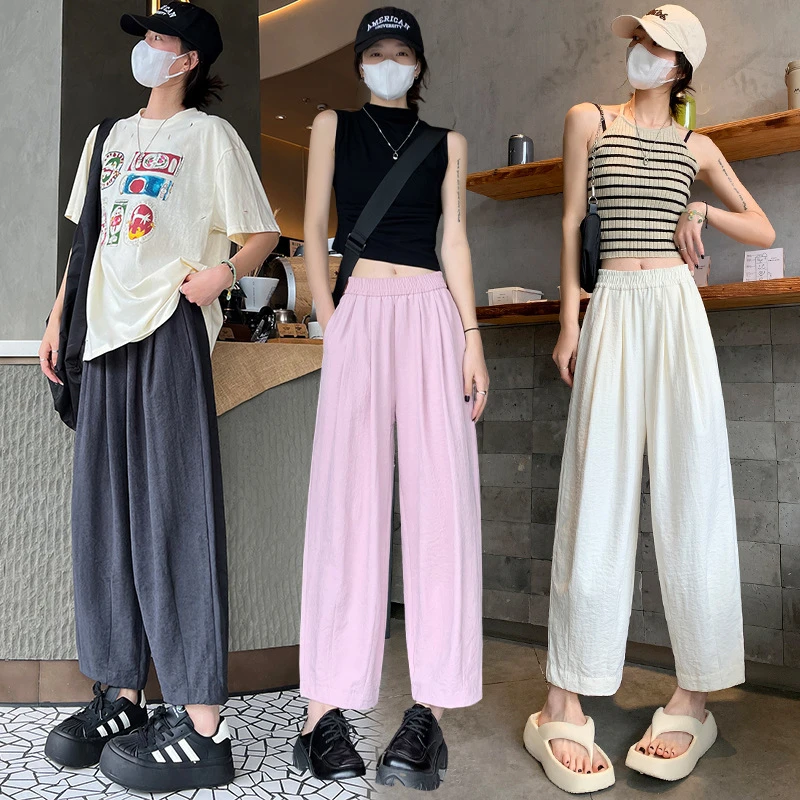 裤子显瘦夏装女士夏季2025新款白色冰丝高腰直十月妈妈中老年套装