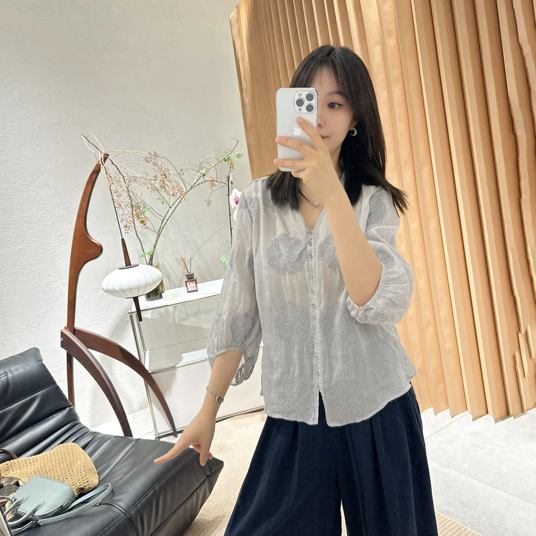 【褚培培自制】“绣花与苎麻”-100%苎麻-半夏气质刺绣七分袖小衫女