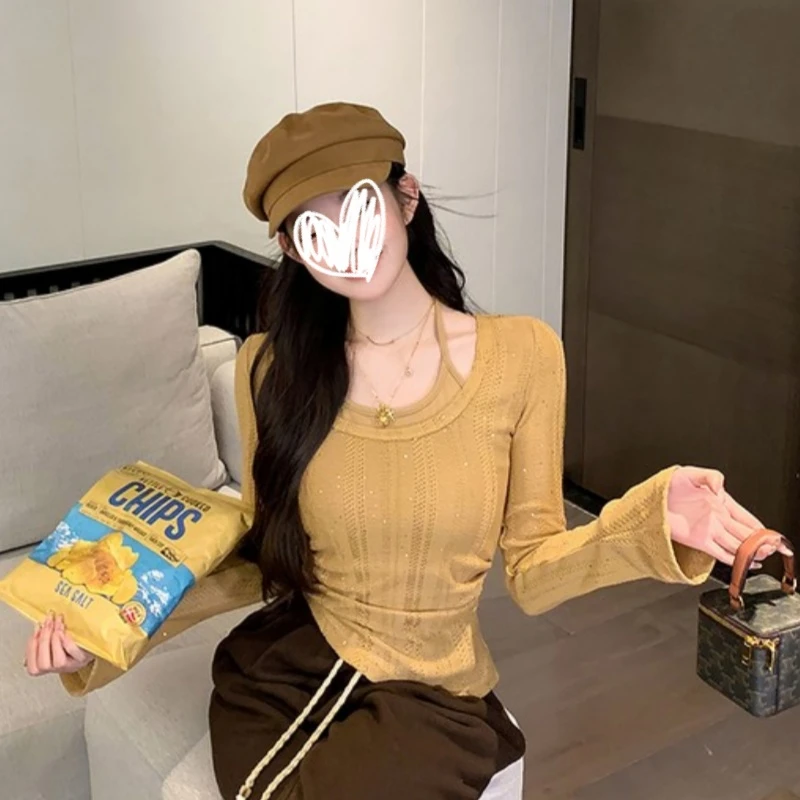 2025年秋冬新款美式气质洋气设计感吊带假两件长袖T恤修身女上衣