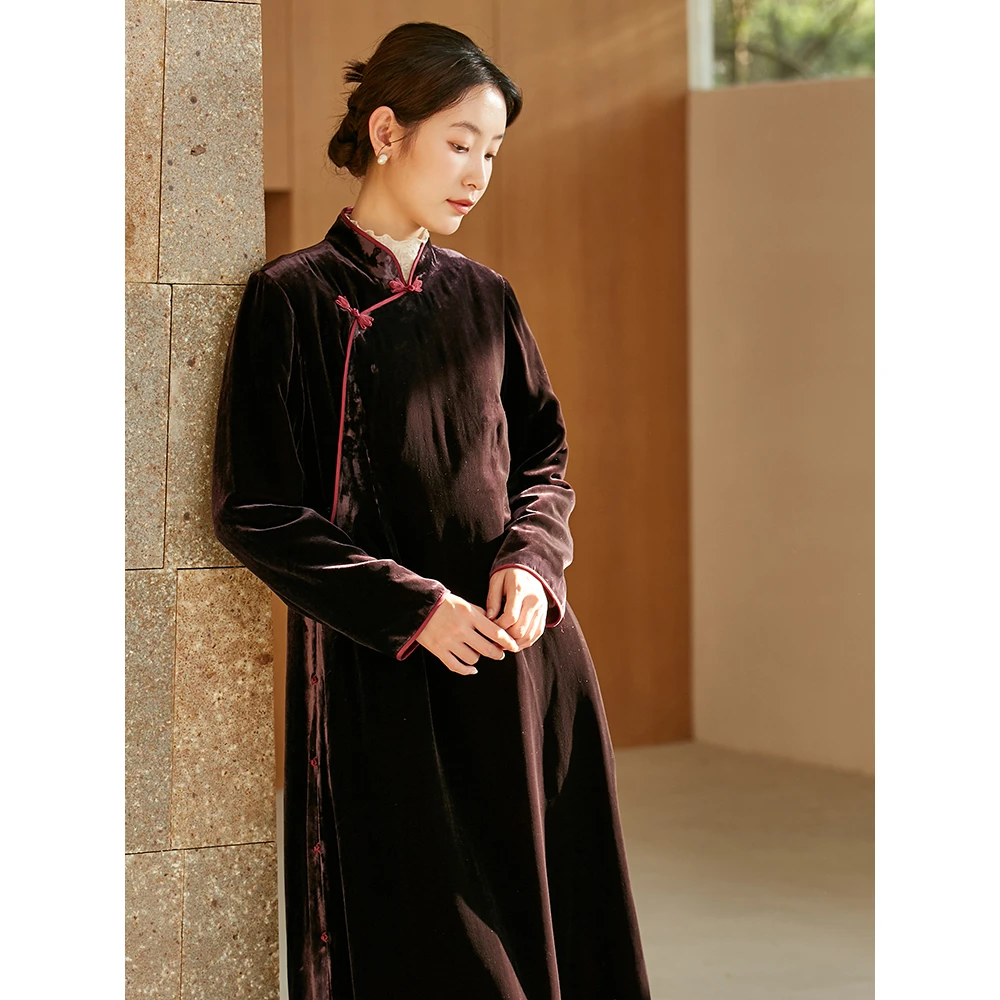 t【子谦】吉祥羽儿原创真丝乔绒包边中式立领盘扣修身显瘦旗袍裙