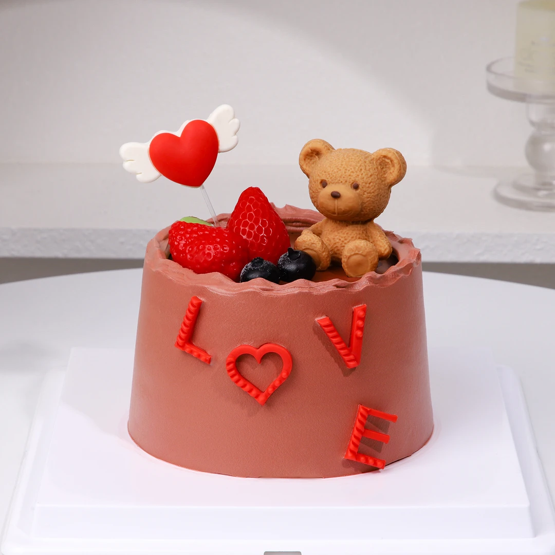 泰迪熊巧克力蛋糕装饰摆件爱心love情侣小熊网红情人节烘焙插件