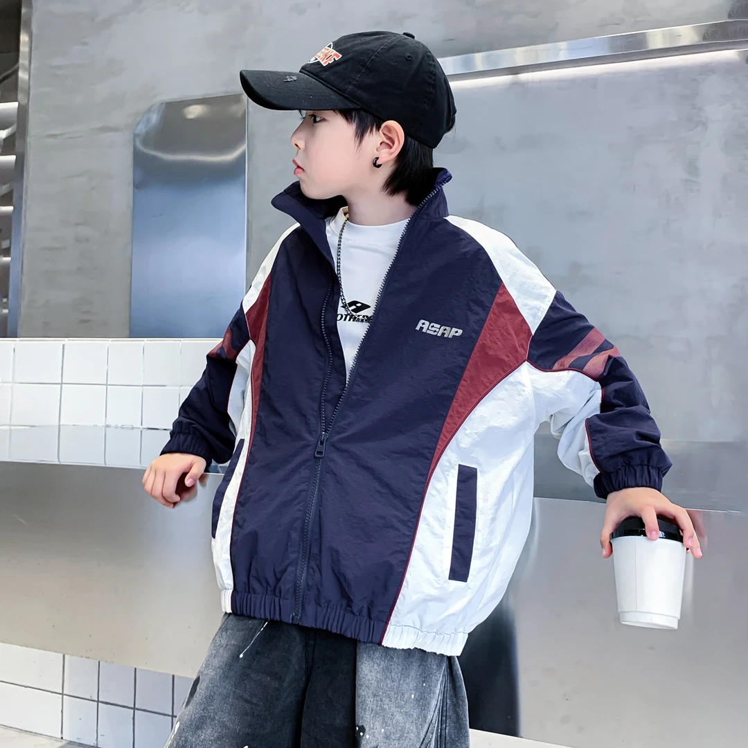 男童秋季韩范撞色机车风运动外套2025新款青少年儿童春秋薄款夹克