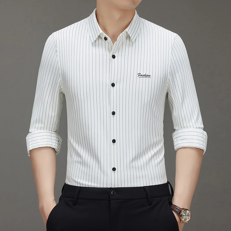 2025春装薄款竖条纹色织面料 男士衬衫弹力刺绣高档休闲商务无痕