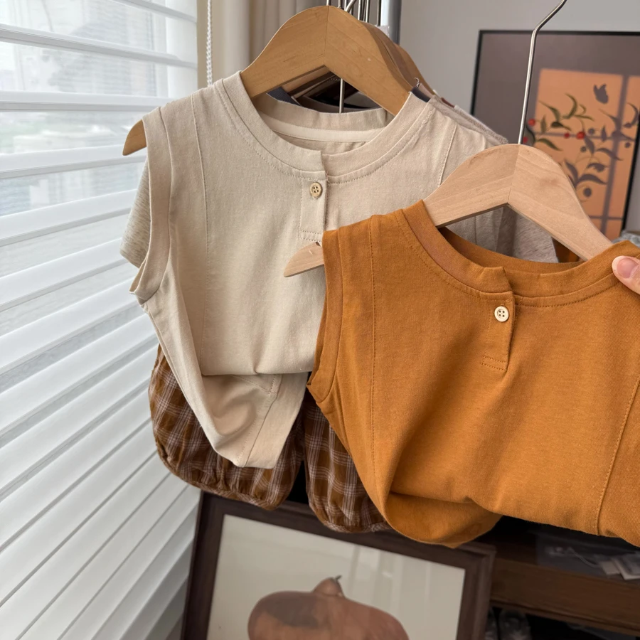 文艺风圆领纯色女夏季韩版无袖男背心童装坎肩复古宽松休闲上衣