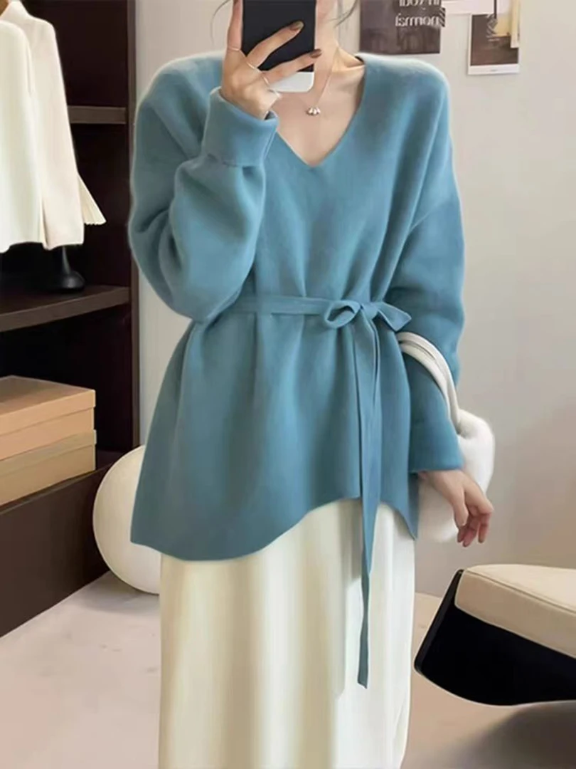 韩系设计感v领针织衫女秋冬新款系带收腰毛衣气质氛围感穿搭上衣