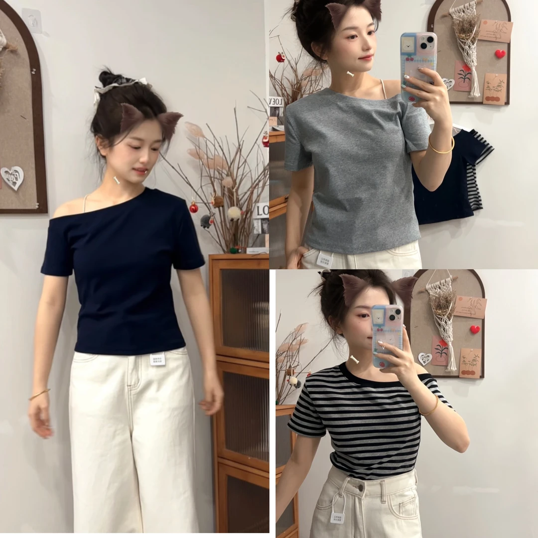 斜肩设计美式辣妹高弹力短体恤9061