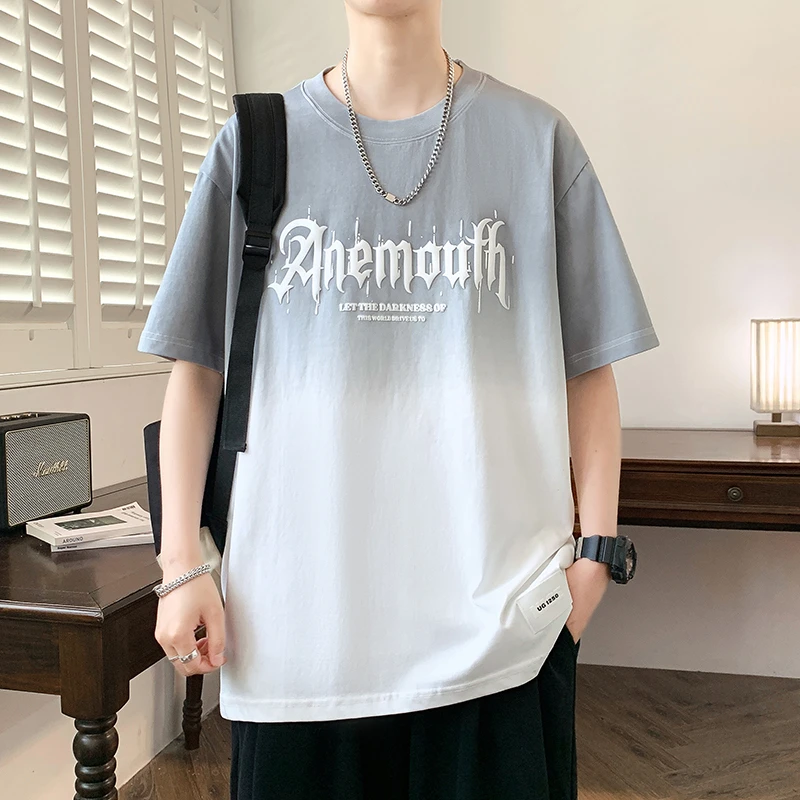 2025年新款夏季青少年阔版休闲短袖T恤百搭宽松港风印花韩版帅气