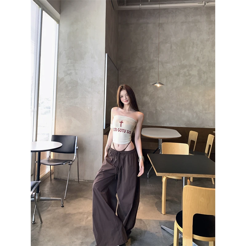 性感一字肩美式辣妹十字架显瘦背心女阔腿宽松工装裤时尚套装夏季