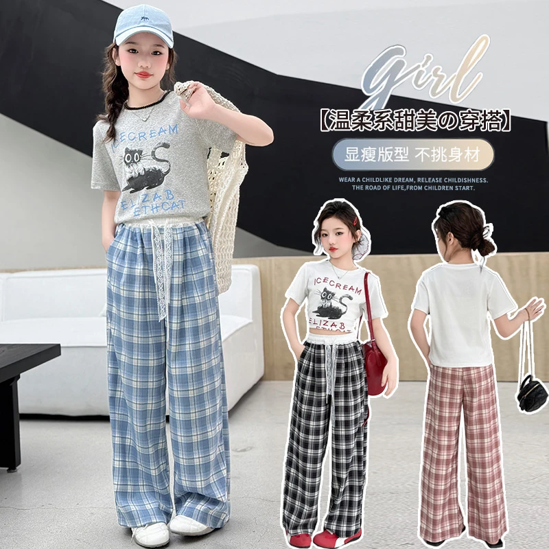 女童夏季新款猫咪短袖格子裤休闲两件套中大童女孩时尚慵懒感套装