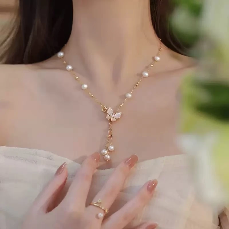 时尚气质百搭淡水珍珠蝴蝶流苏项链PP-T