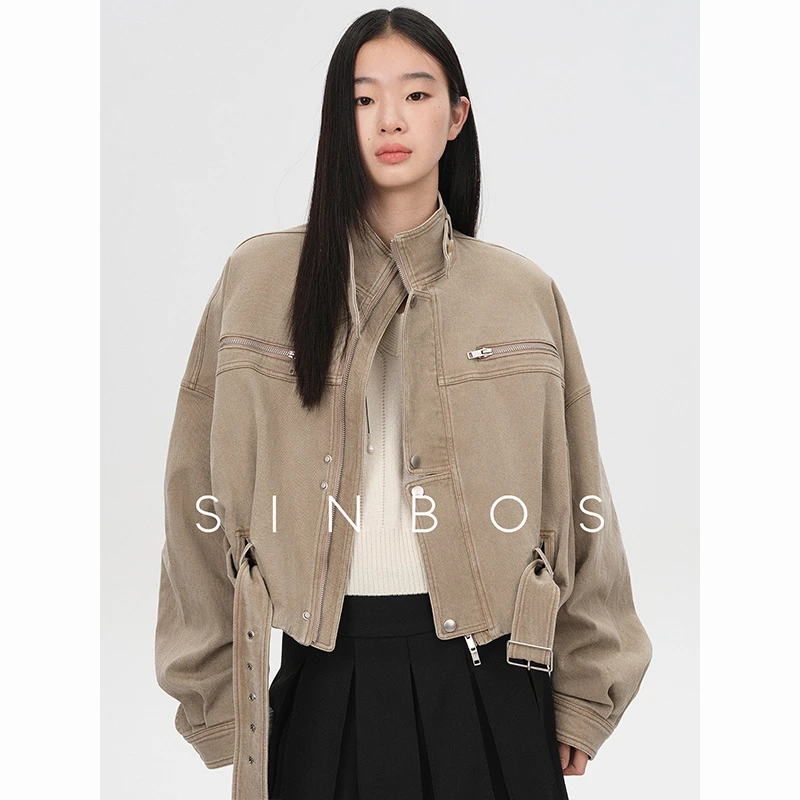 SINBOS美式特调 复古工装风小立领短款机车夹克外套女2025秋新款