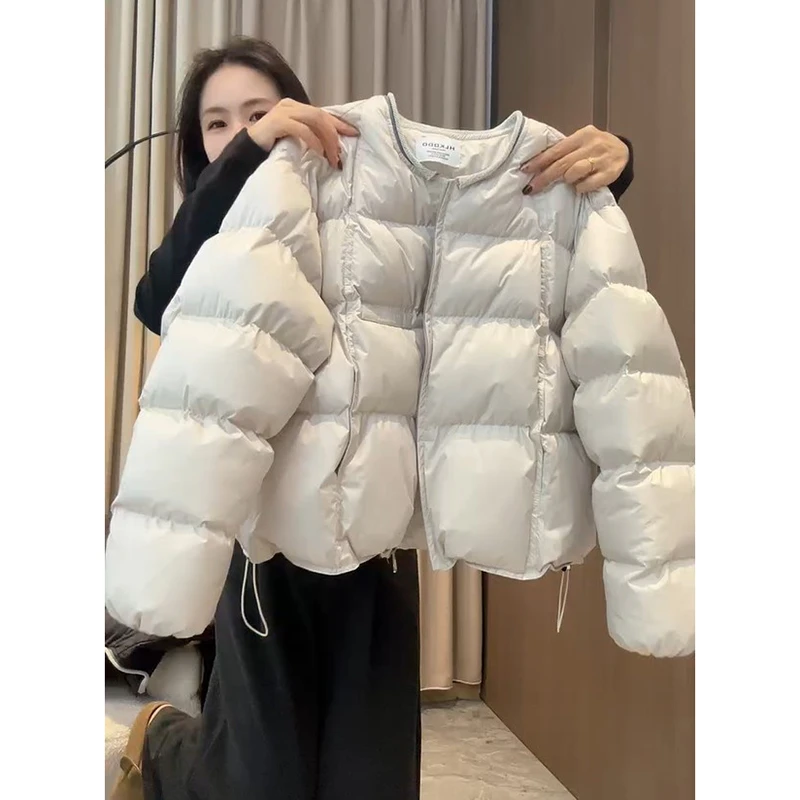 2025冬季新款时尚气质圆领棉服女韩版宽松保暖简约加厚短款外套潮