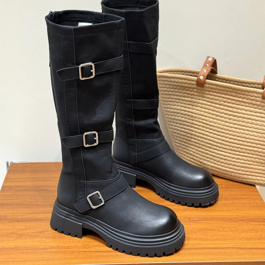 韩版超火金属扣骑士靴女2025新款秋季厚底百搭复古洋气不过膝长靴