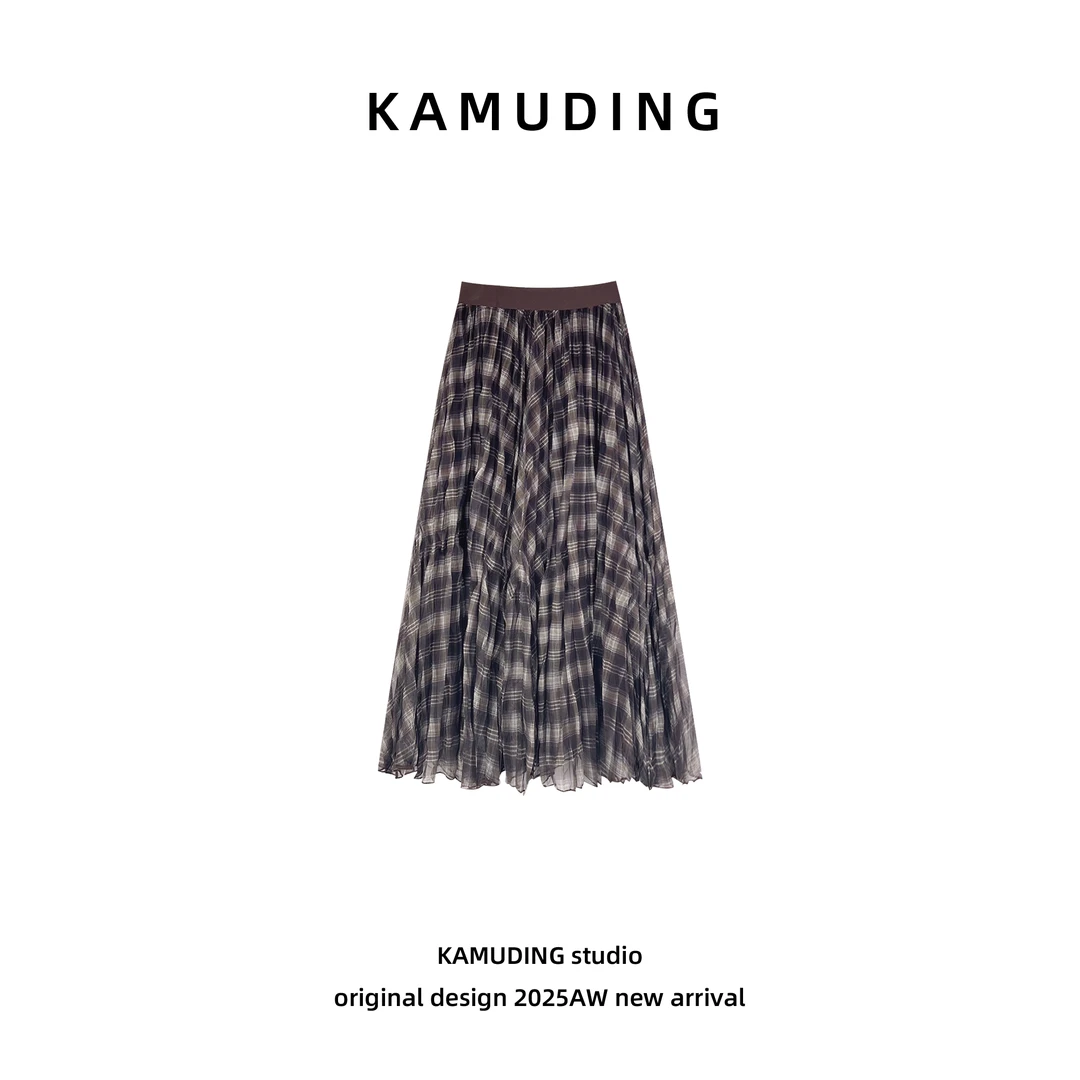 KAMUDING2025新款A40高腰时尚复古港风气质半身裙25261