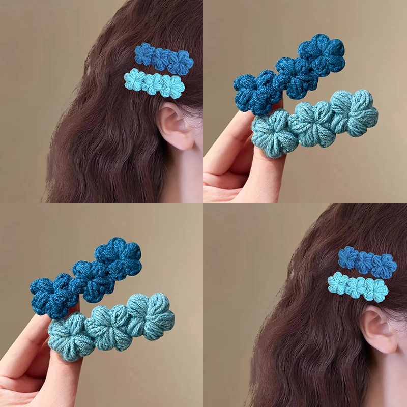 蓝色小香风毛线花朵发夹女甜美针织发卡韩系发饰刘海侧边鸭嘴夹子