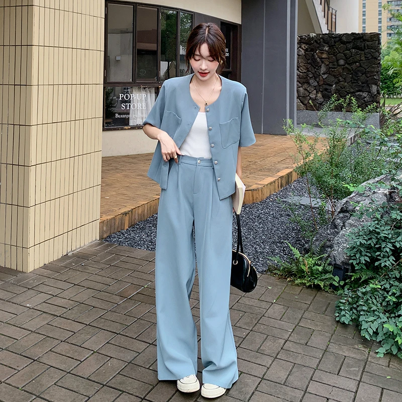 法式时尚轻熟风西装套装女2025夏季新款宽松显瘦上衣阔腿裤两件套