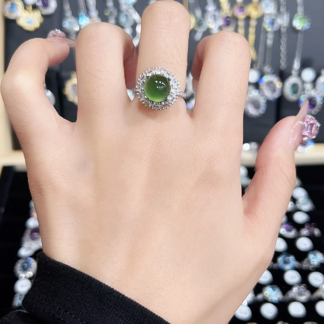 蛇纹石玉戒指银S925镀金镶嵌天然