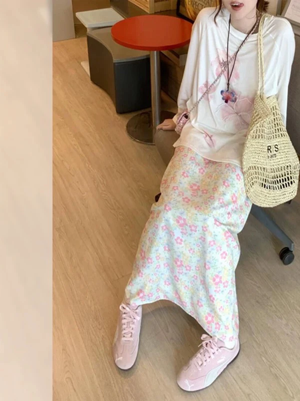 甜美小清新春季花园印花长袖T恤女+松紧腰开叉中长款碎花半身裙