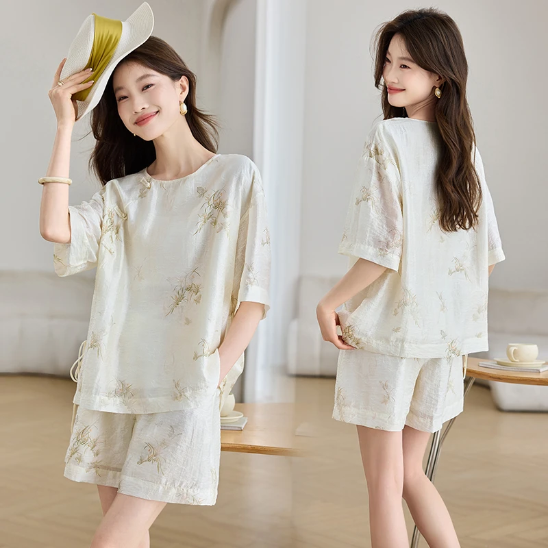 新中式国风印花盘扣套装女2025夏季新款慵懒风复古气质短裤两件套