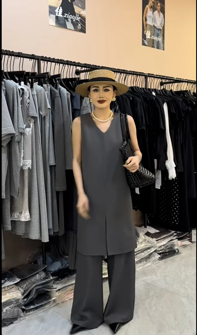 2025夏极简气质通勤高级感背心裙+阔腿西裤