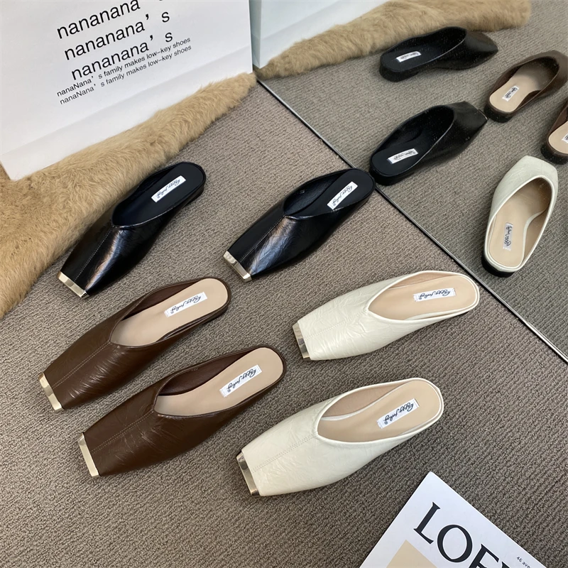 法式银色金属包头半拖鞋女夏外穿2025新款复古玛丽珍穆勒鞋凉拖鞋