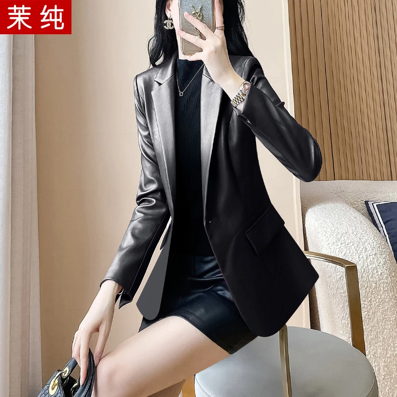 皮衣外套女今年流行爆款黑色翻折袖小西装高级感小个子女士皮夹克