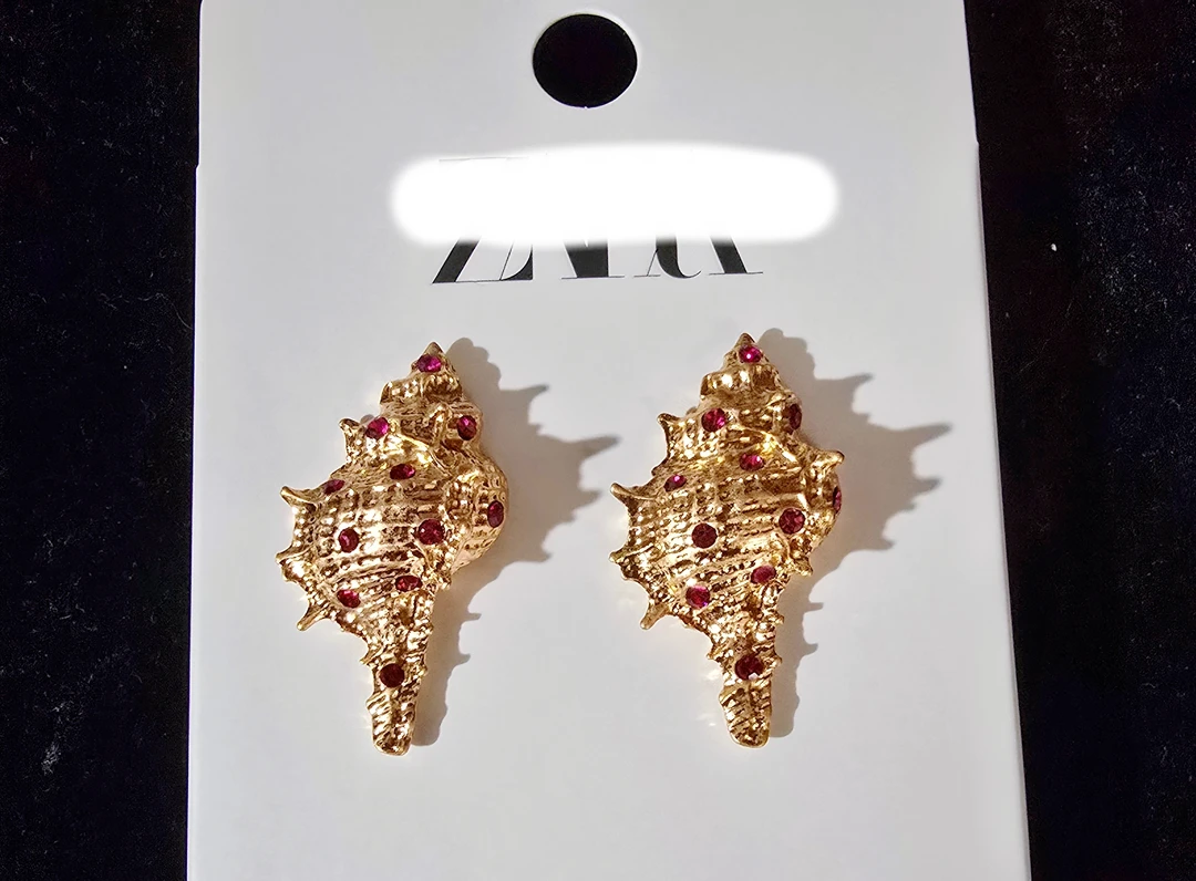 合金锆石耳饰 彩钻金色海螺T-D028