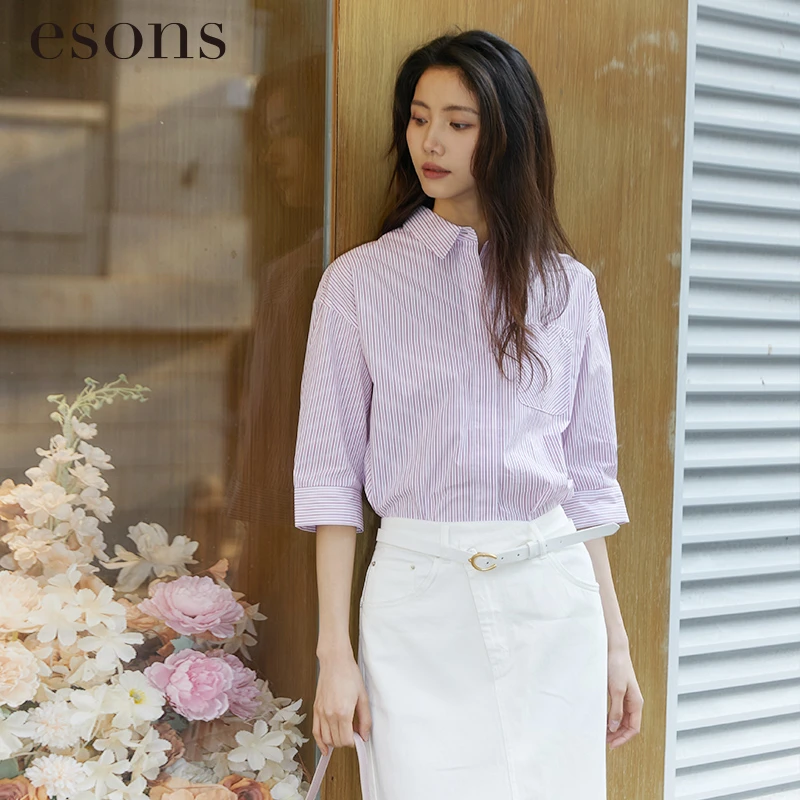 esons/爱城市【商场同款】纯棉撞色条纹长袖衬衫外套36516740