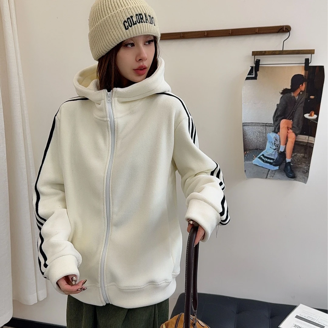 L145男女同款冬季新款奥利绒时尚百搭拉条连帽拉链衫外套25-206