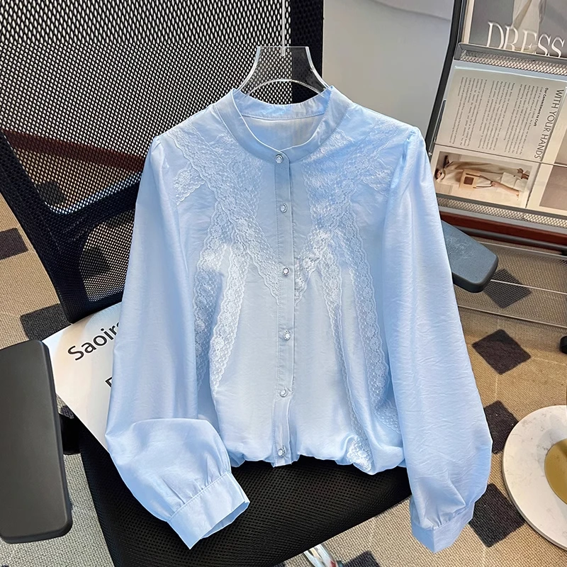 拉夏贝尔简约法式风上衣女2025春季洋气百搭气质小众蕾丝长袖衬衫