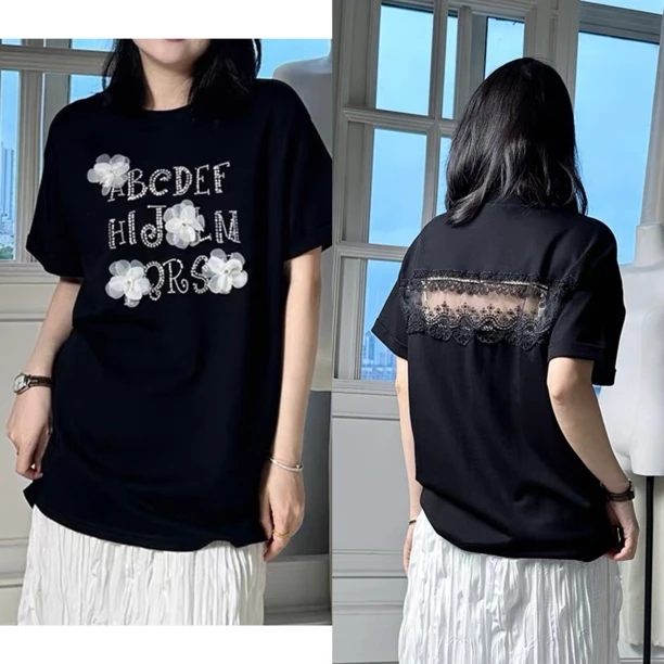 薇莎7753【现货】重工花朵烫钻后蕾丝镂空懒人短袖T恤