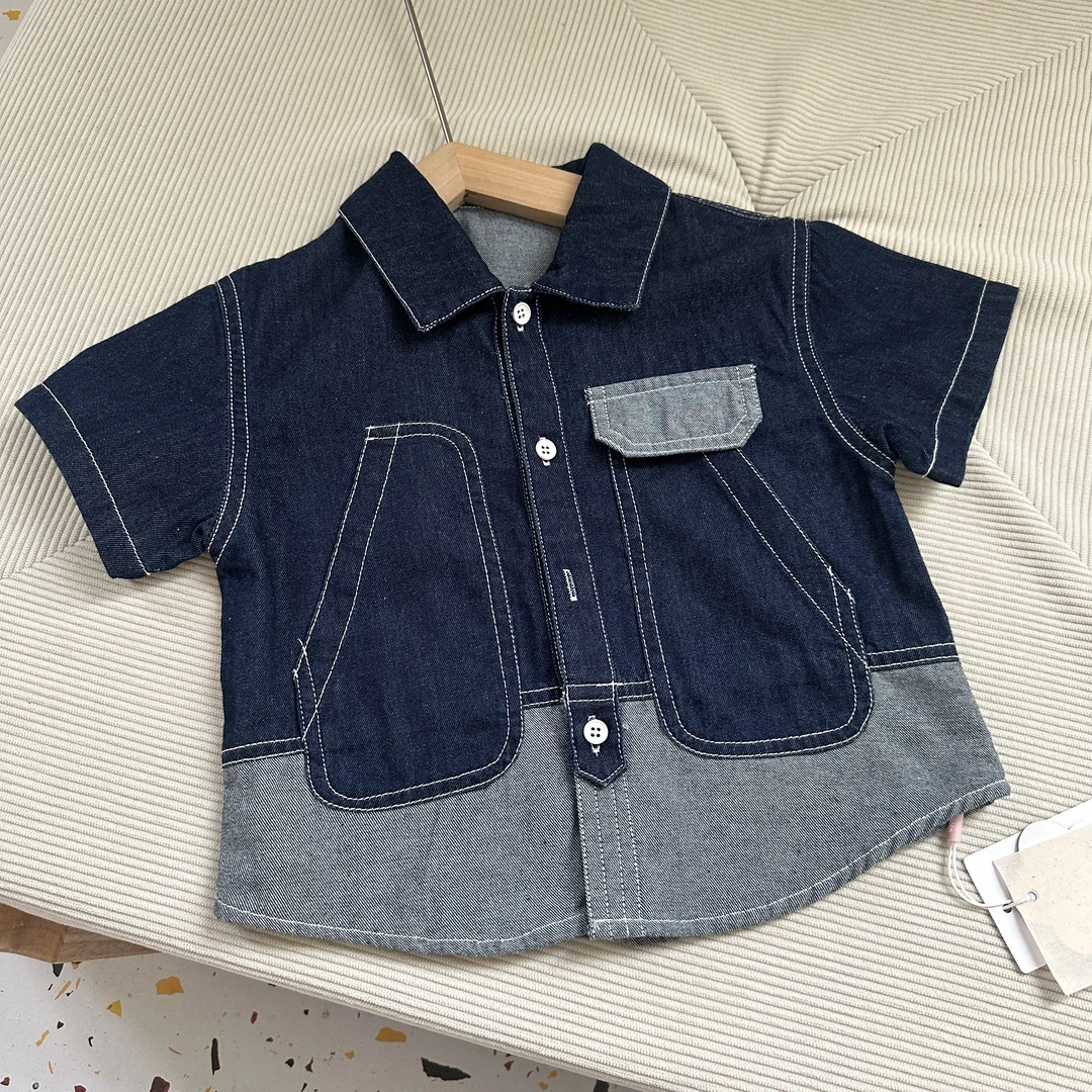 HB-5300-儿童韩版牛仔衬衫夏季新款男童中小童宝宝短袖衬衣帅气