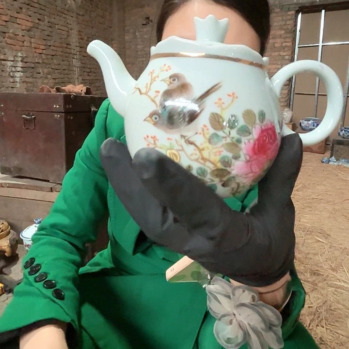 摆件景德镇高温陶瓷花鸟壶看画片